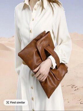 Brown Faux Leather Fold-Over Clutch